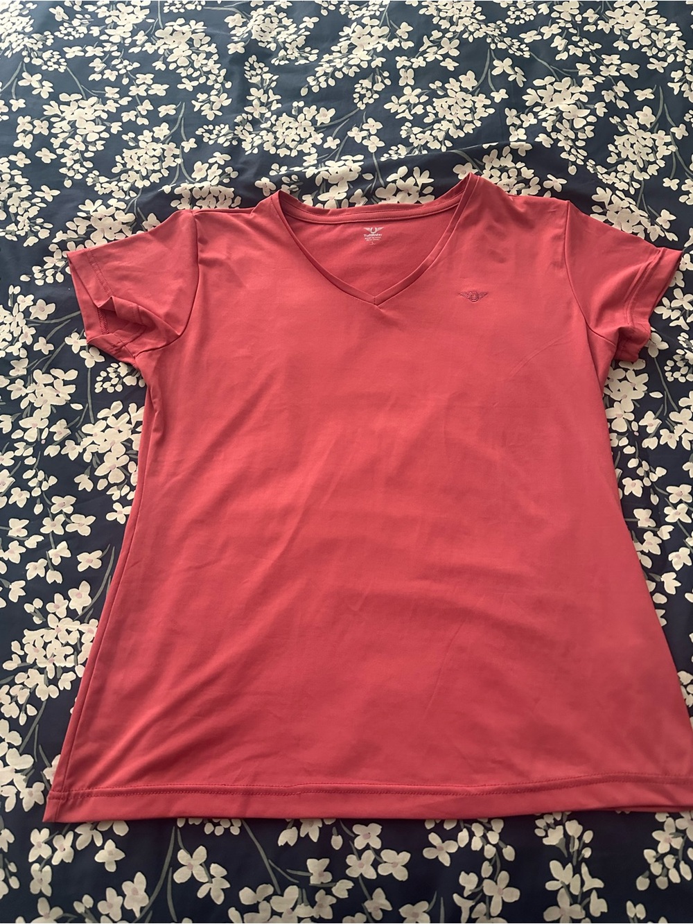 Women's V-Neck Short Sleeve Tee in Coral with Subtle Logo